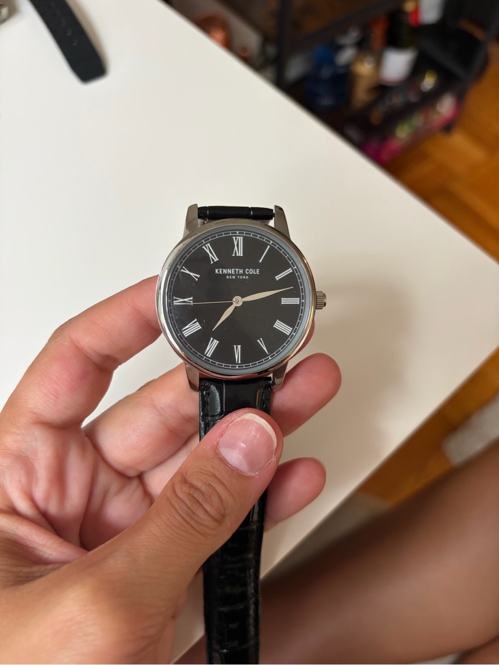 Kenneth Cole Black Dial Silver Case Leather Strap Watch